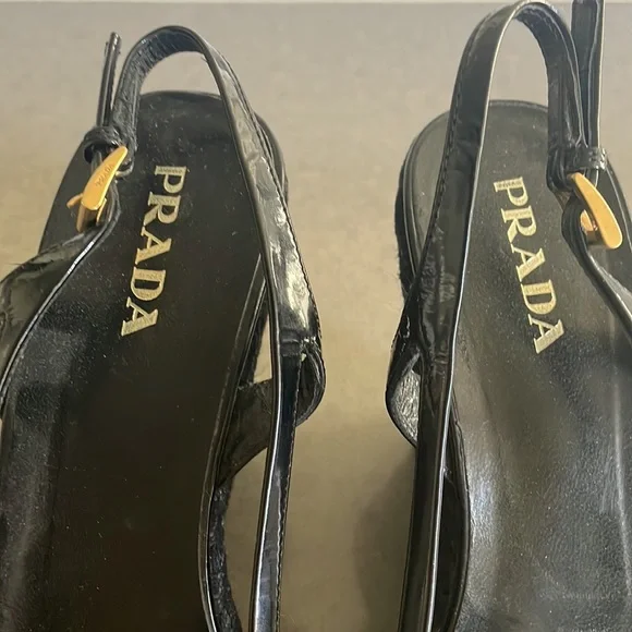 Gorgeous Prada patent leather slingback wedge heels